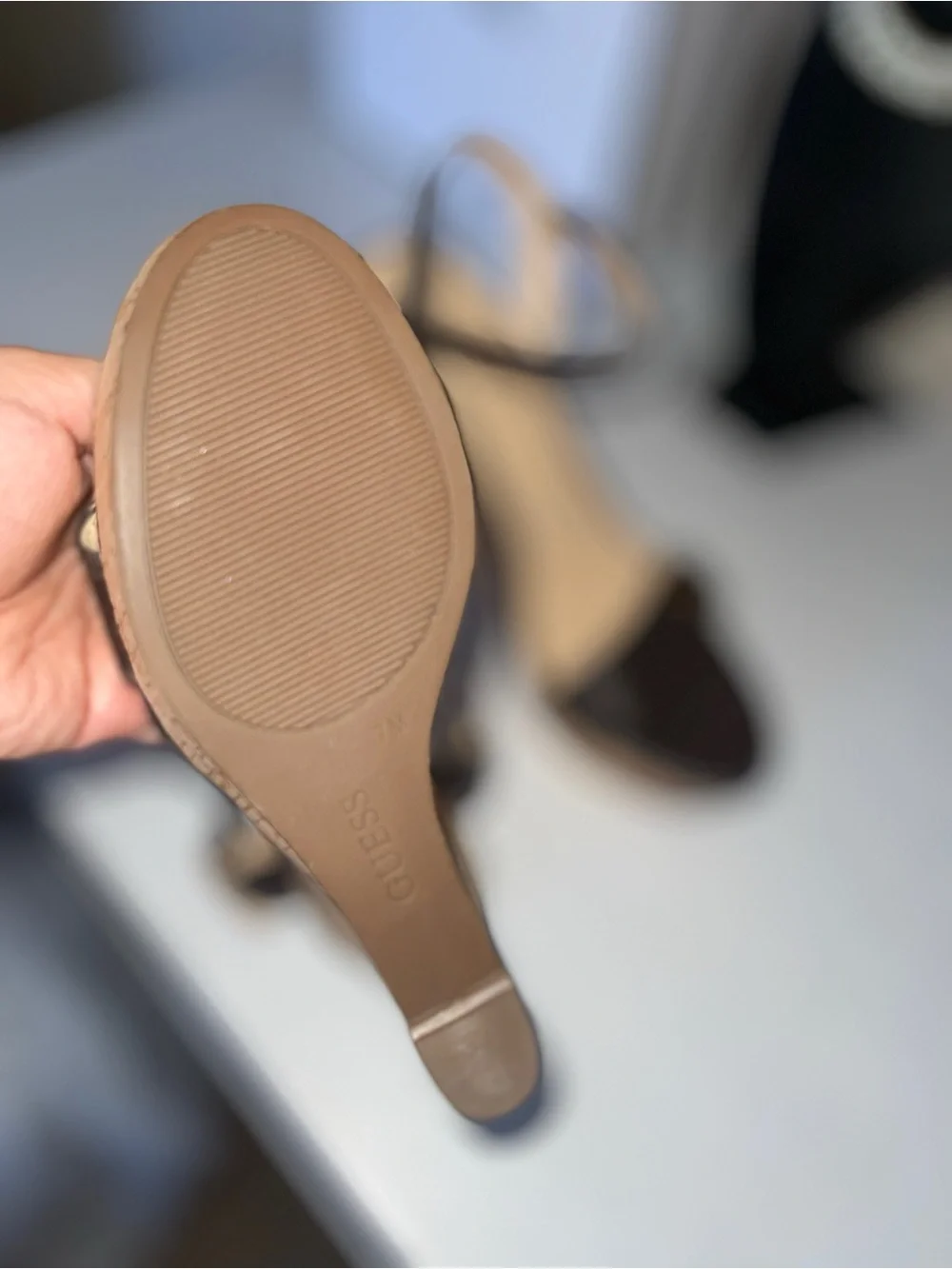 GUESS Brown Logo Cork Wedge Sandals with Ankle Strap